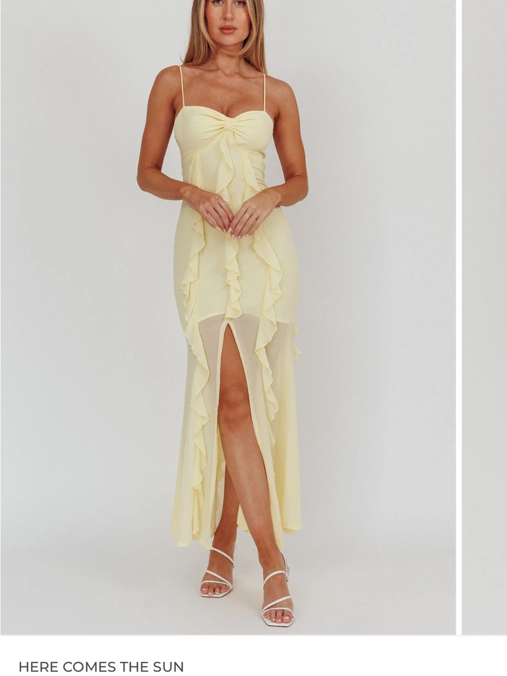 Selfie Leslie Pale Yellow Ruffle Front-Slit Maxi Dress